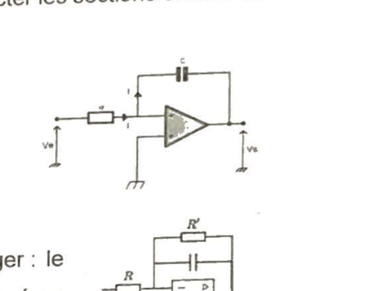Montage integrateur : Ve via R sur -, C en contre-reaction, + relié a la masse