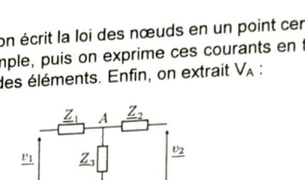 Exemple LNTP : noeud A entre Z1 (relié à v1), Z2 (relié à v2) et Z3 (relié à la masse)