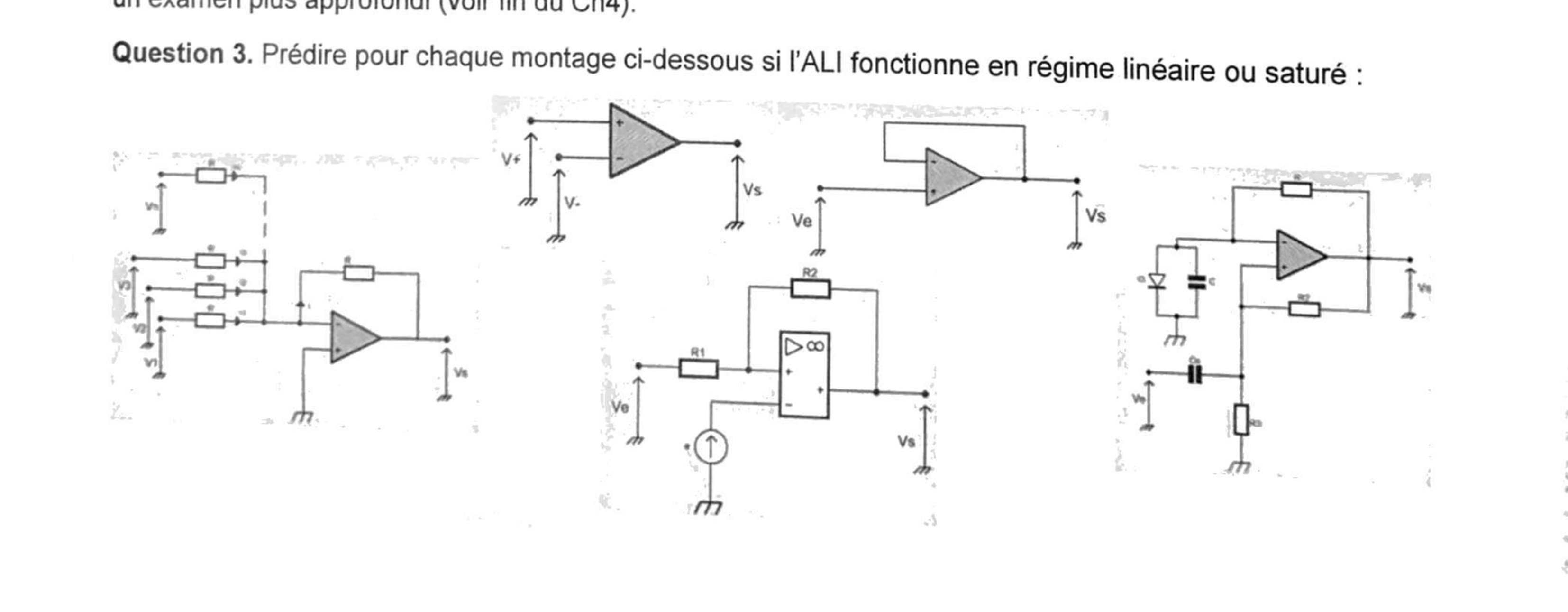 Quatre montages à ALI à analyser : sommateur, comparateur ouvert, suiveur, montage à diode/condensateur