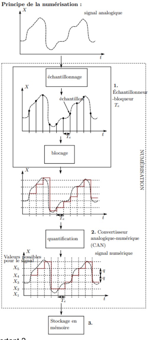 Principe de la numérisation : signal analogique, échantillonnage, blocage, quantification, signal numérique, stockage en mémoire