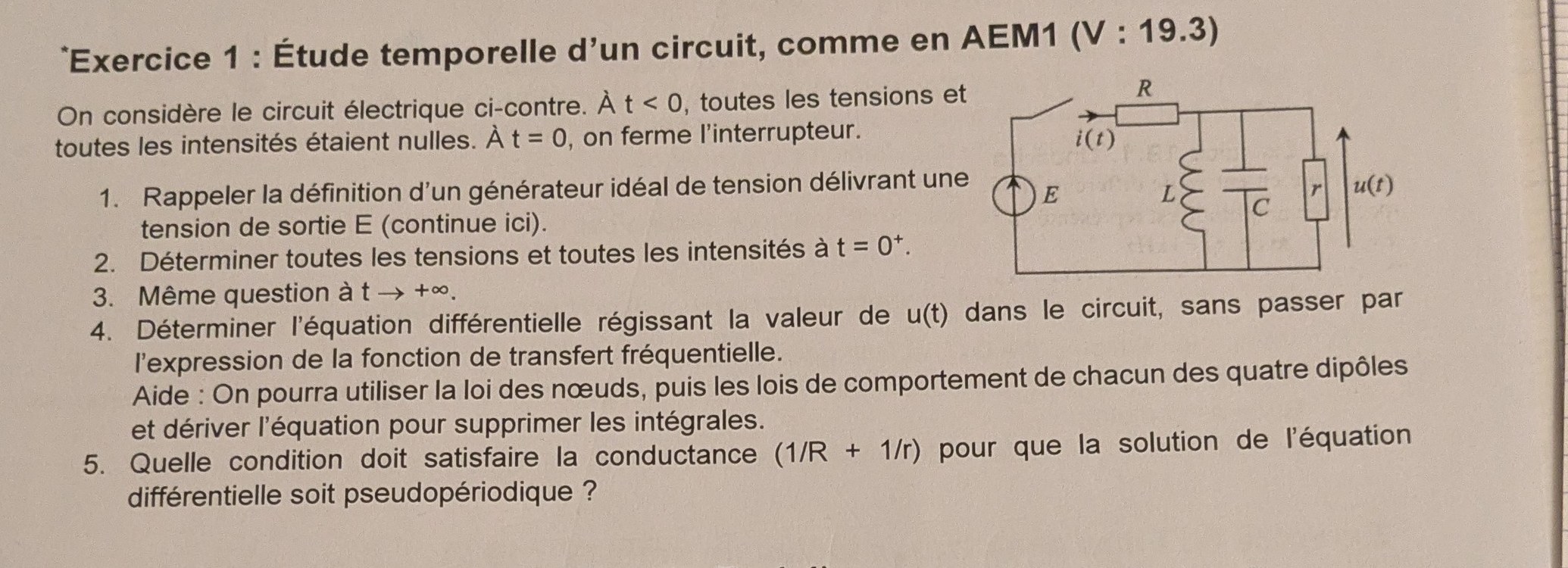 Énoncé — circuit R série + (L ∥ C ∥ r), réponse à un échelon