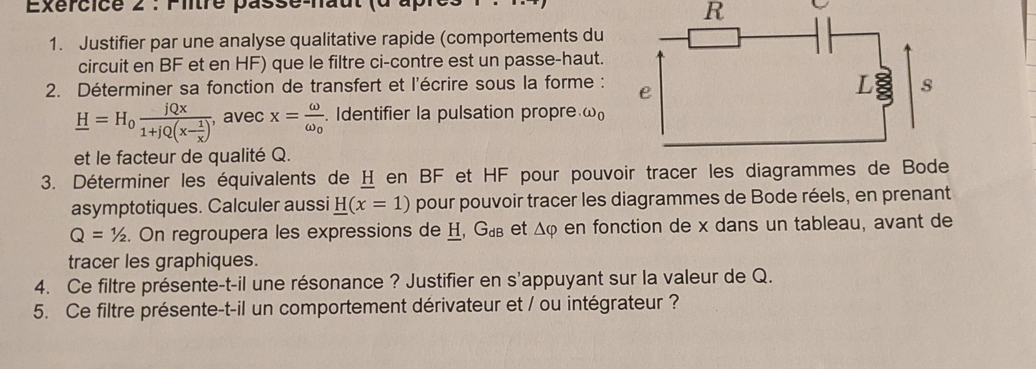 Énoncé — RLC série, sortie \(s\) aux bornes de la bobine \(L\)