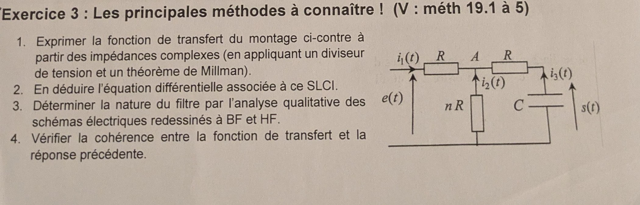 Énoncé — pont en échelle \(R,\,nR,\,R,\,C\), sortie \(s\) aux bornes de \(C\)