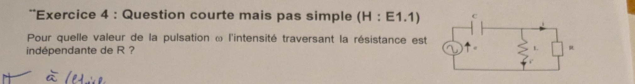 Énoncé — source \(e\) + \(C\) série, puis \(L\parallel R\) — courant \(i\) dans \(R\)