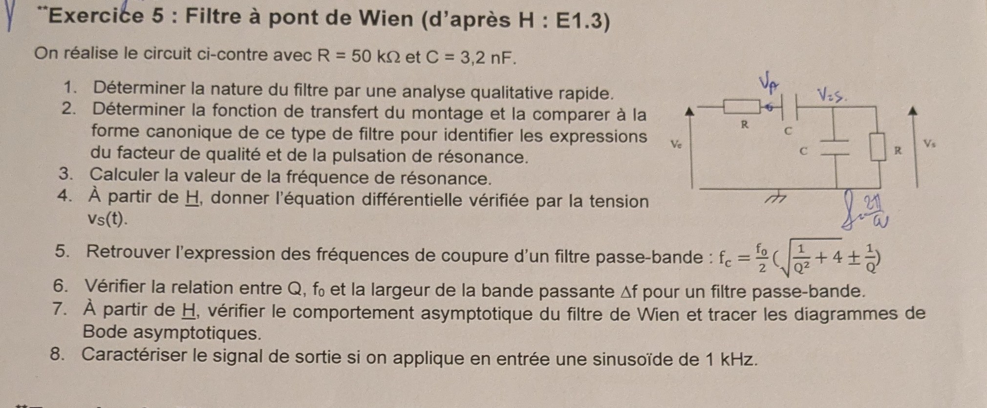 Énoncé — \(R{=}50\,\text{k}\Omega\), \(C{=}3{,}2\,\text{nF}\) ; bras série \((R,C)\) + bras parallèle \((R\parallel C)\)