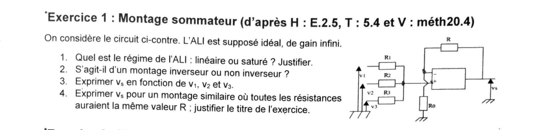 Énoncé Exercice 1 — montage sommateur non inverseur, trois entrées v1,v2,v3 par R1,R2,R3 sur l'entrée +, R0 et feedback R sur l'entrée -