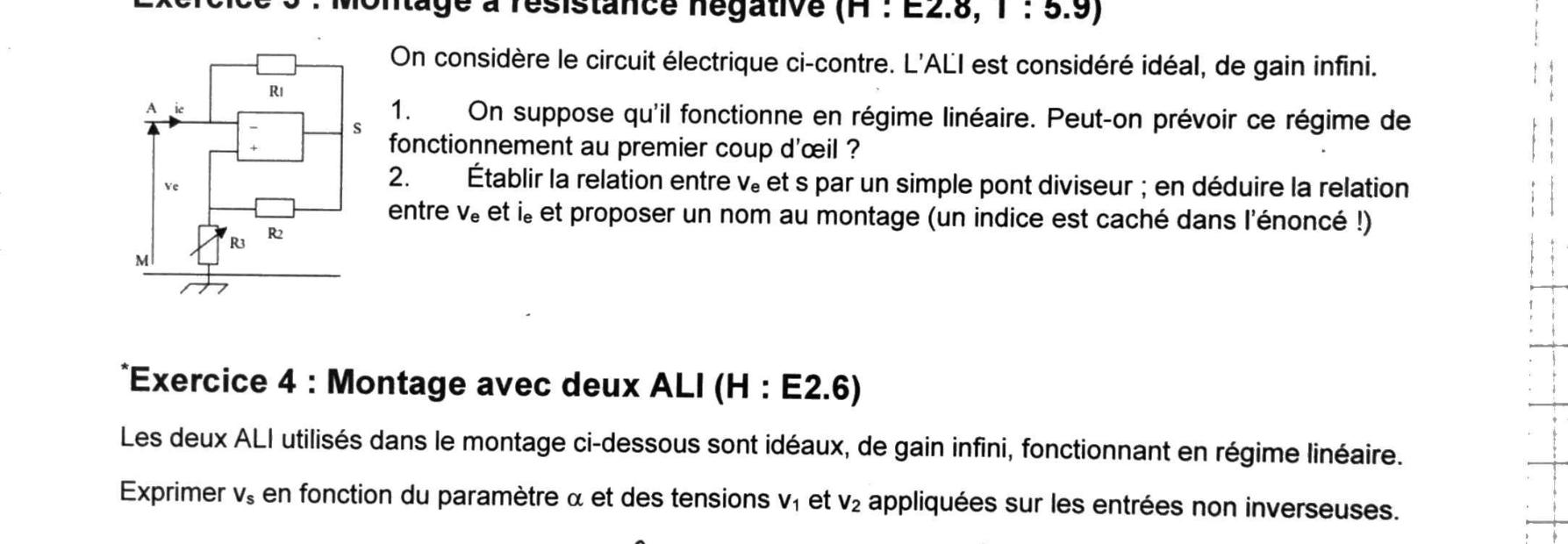 Énoncé Exercice 3 — convertisseur à résistance négative, entrée A=ie sur l'entrée -, R1 en feedback vers S, diviseur R2/R3 sur l'entrée +