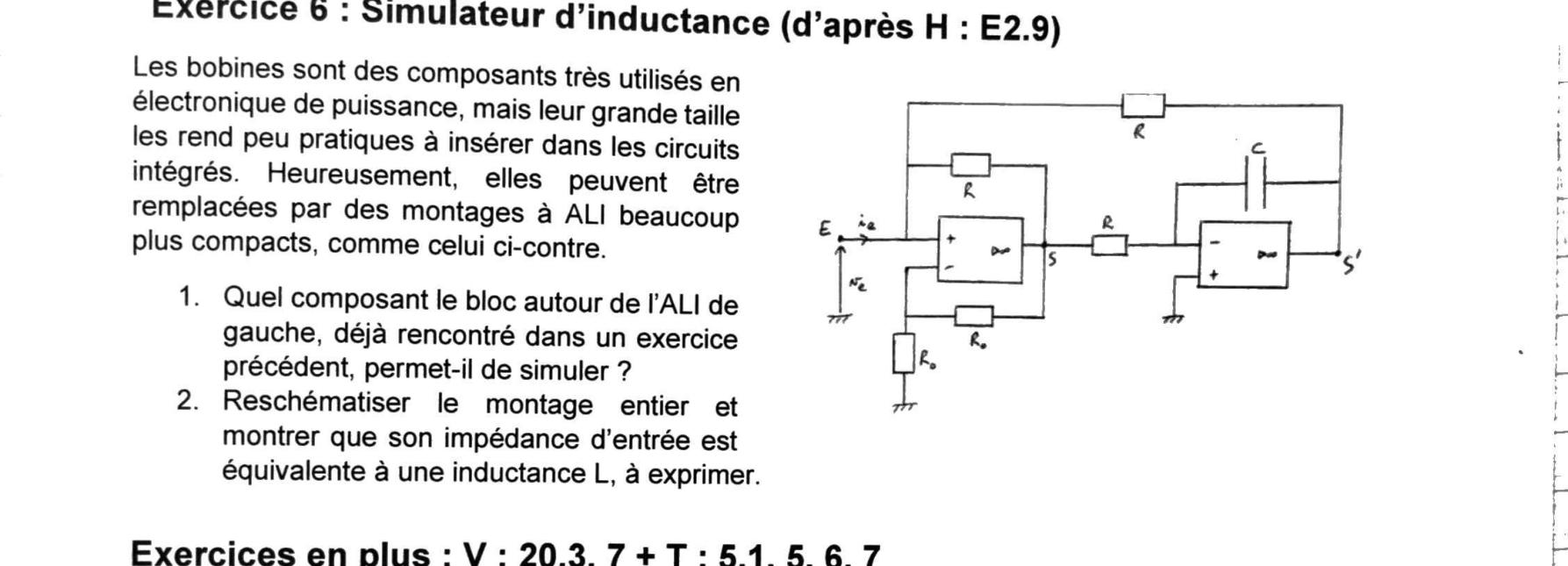 Énoncé Exercice 6 — gyrateur à deux ALI, ALI1 avec R local et R0/R0, ALI2 intégrateur R-C, R extérieure de E à S'