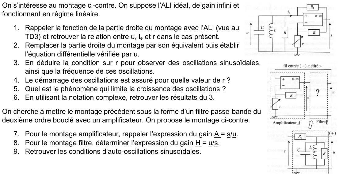 Énoncé Exercice 3 du TD5 — circuit RLC parallèle relié à un ALI avec deux R1 et une résistance variable r ; puis schéma amplificateur A / filtre B