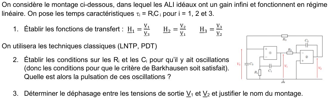 Énoncé Exercice 4 du TD5 — oscillateur sinus-cosinus : deux ALI, R1 C1, R2, C2, R3 C3, tensions V1 V2 V3