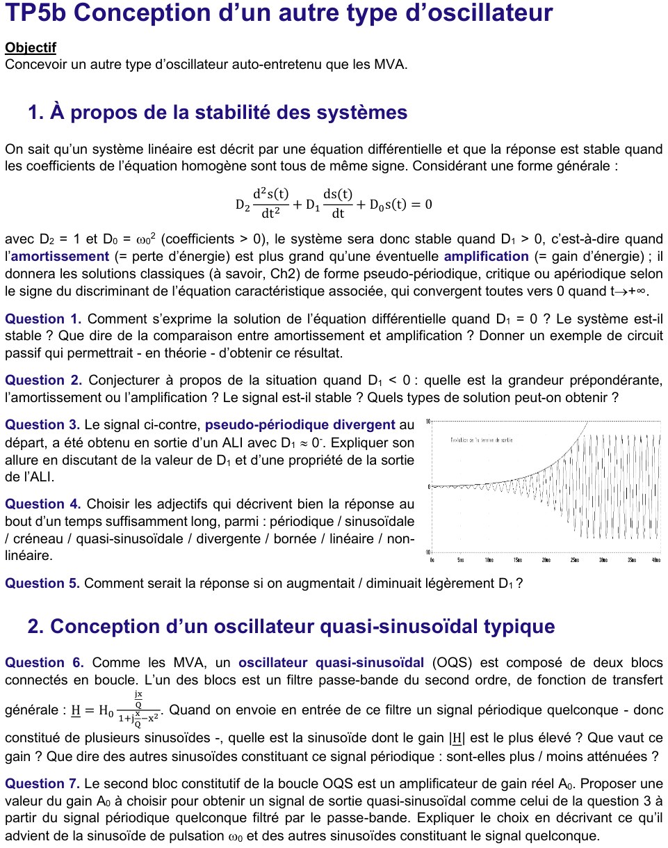 Énoncé TP5b conception, page 1 : stabilité, équation différentielle du second ordre, questions 1 à 7