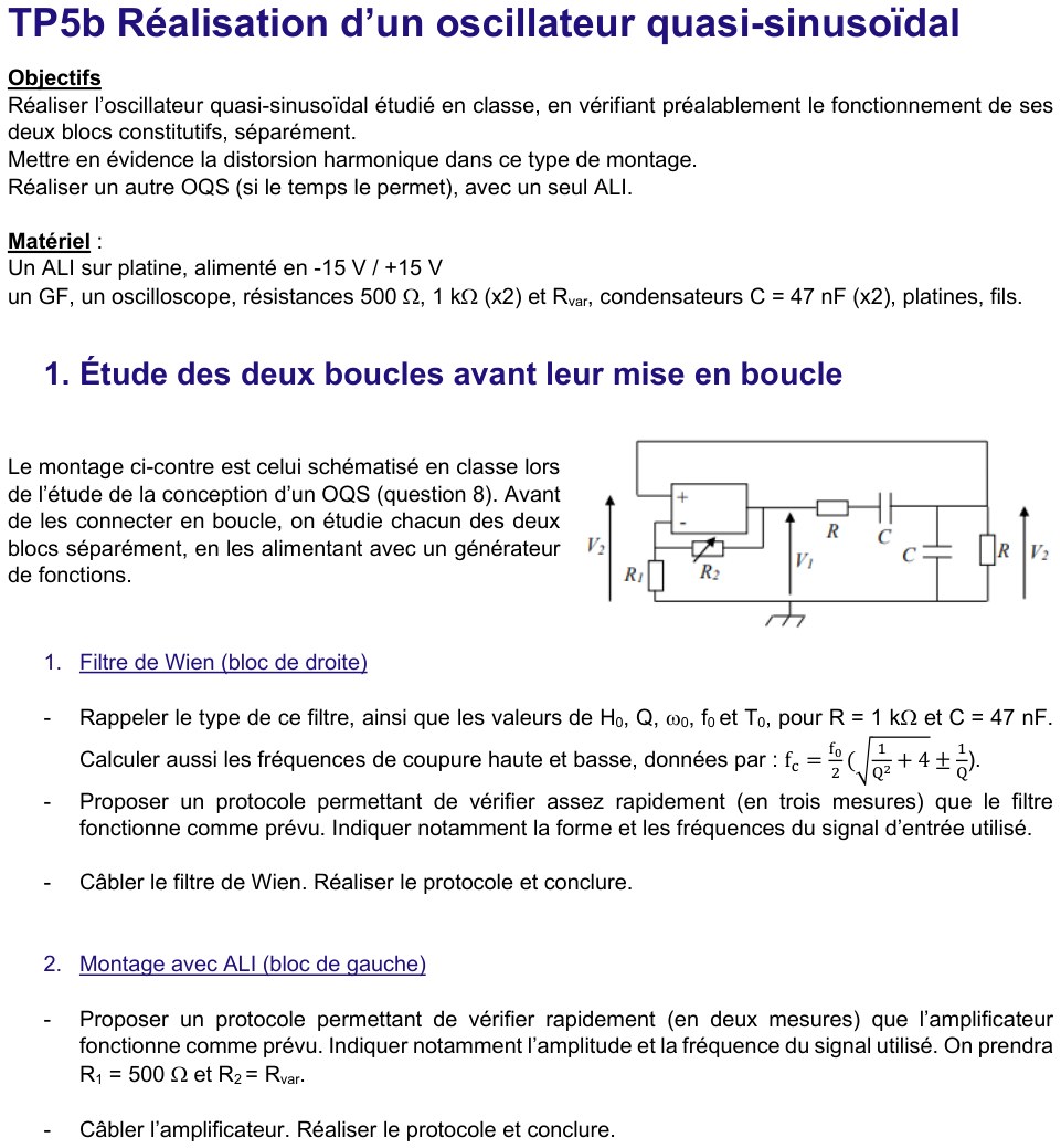 Énoncé TP5b réalisation, page 1 : objectifs, matériel, schéma des deux blocs, étude du filtre de Wien et du montage avec ALI