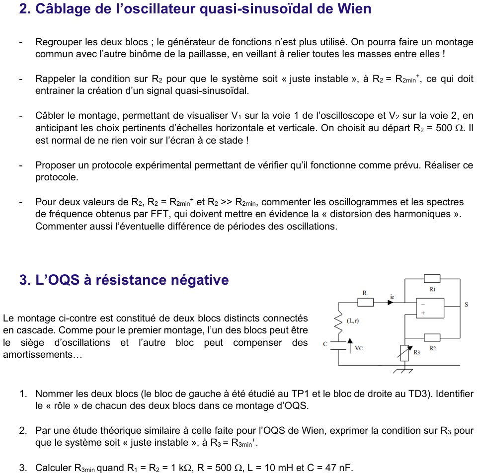 Énoncé TP5b réalisation, page 2 : câblage de l'oscillateur de Wien, distorsion harmonique, OQS à résistance négative