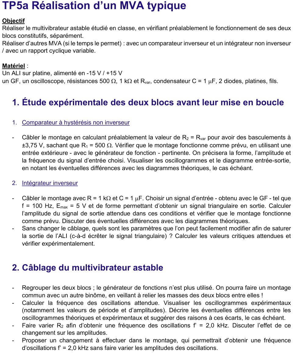 Énoncé TP5a réalisation, page 1 : matériel, étude des deux blocs, câblage du MVA