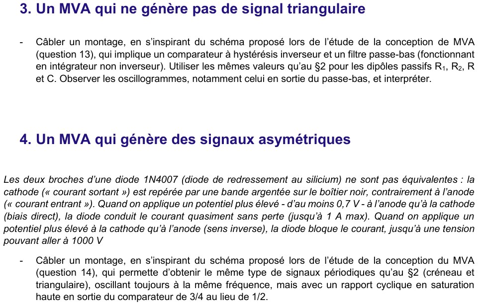 Énoncé TP5a réalisation, page 2 : §3 MVA ne générant pas de triangle ; §4 MVA à signaux asymétriques avec diodes 1N4007