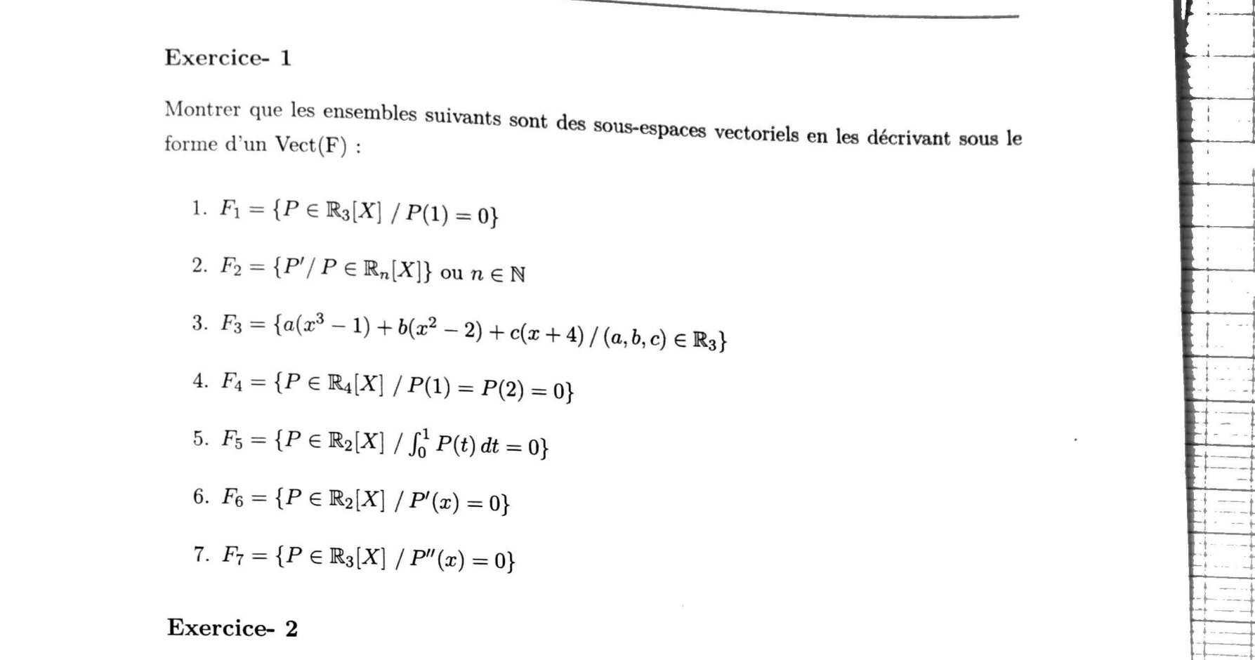 Énoncé TD2 Exercice 1 — sept ensembles à décrire sous forme de Vect(F)